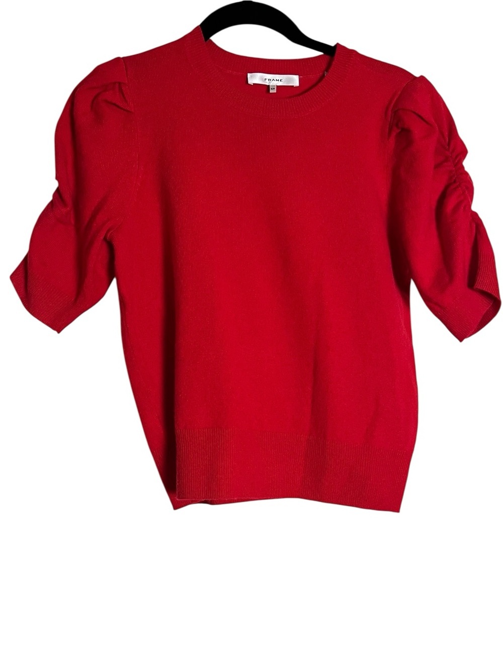 Frame Frankie Puff Red Wool Blend Ruched Short Sleeve Sweater — Size Small - Picture 8 of 10